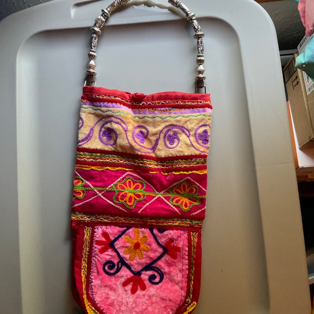 Handmade purse, 8x8 with button closure and metal handle.  W242 - Picture 2 of 6